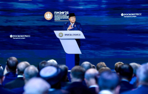 Prabowo saat menyampaikan materinya dalam forum Saint Petersburg International Economic Forum (SPIEF) 2025, Sumber foto : Instagram Presiden Republik Indonesia.