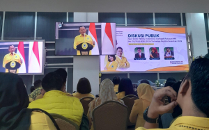 Sekjen DPP Partai Golkar, M. Sarmuji, saat menyampaikan sambutan dalam Diskusi Publik Quo Vadis Pemilu Indonesia? yang diadakan oleh DPP Partai Golkar pada Kamis (24/7).